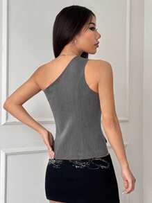 SHEIN EZwear Old Money Elegant Blouses For Women Grey Woven One Shoulder Women's Suit Vest - Grey - View 3