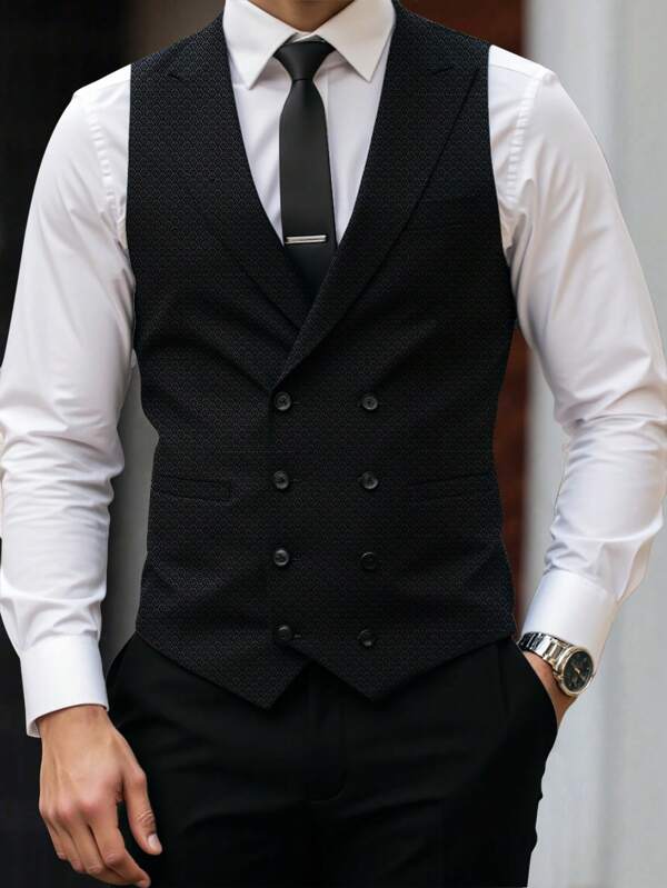 Manfinity Mode Manfinity Mode Men Double Breasted Waistcoat Without Shirt,Men's Business Casual Double Breasted Textured Embossed Vest (Shirt Not Included)