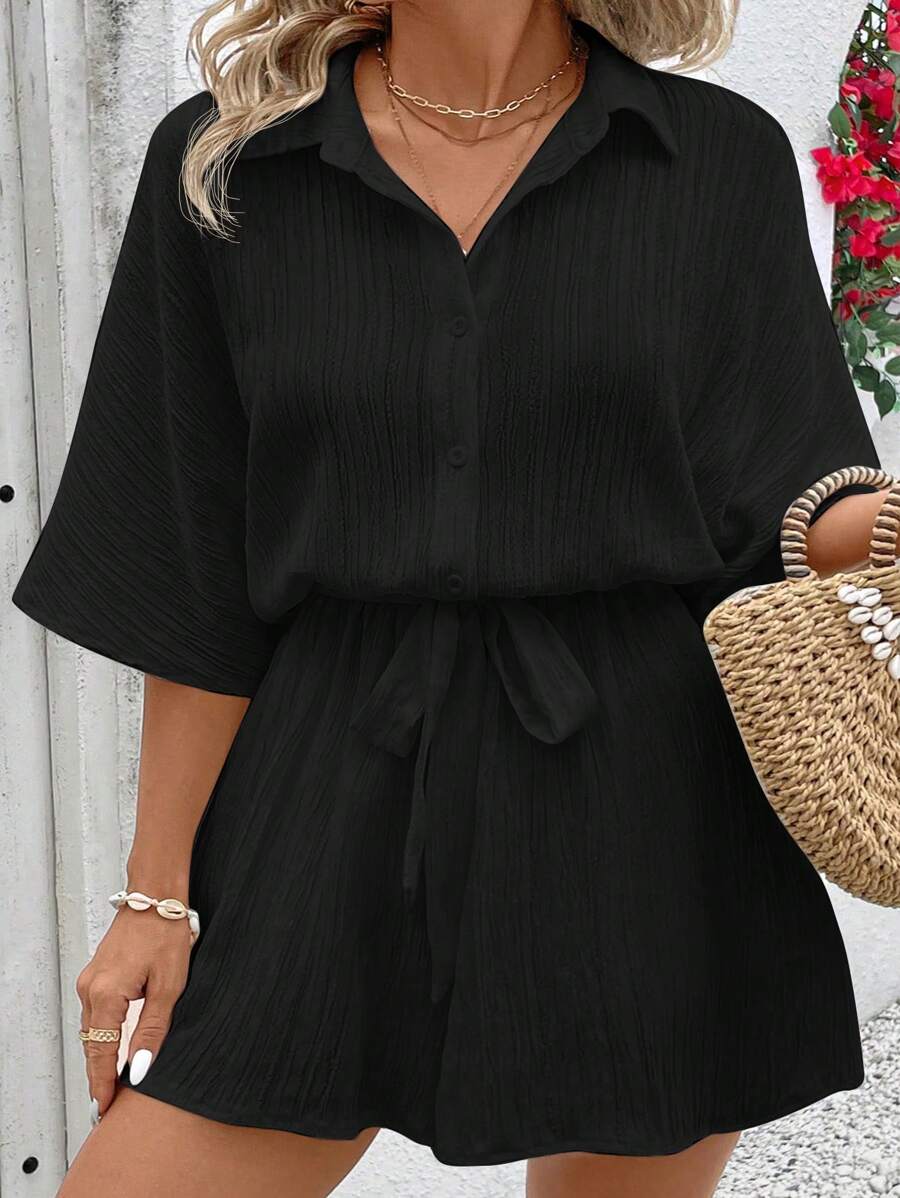 SHEIN VCAY Bộ đồ liền thân tay ngắn màu trơn cỡ lớn, tối giản và thời trang phù hợp cho mùa hè - màu đen - Xem 1