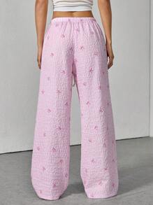 SHEIN PETITE Pantalones elegantes de talle bajo, cómodos y sensuales, con estampado versátil de rayas y lazo - Rosa - Ver 2