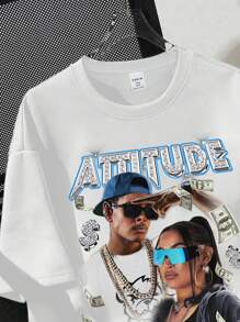 Custom Minimalist Casual T-Shirt, White Crew Neck Short Sleeve Portrait Print T-Shirt, Women's Loose Summer Casual T-Shirt - Vintage Urban Style, Cam - 白色 - 查看 3