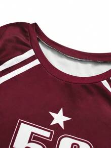 Women's Navy Blue Numeric Print Long Sleeve Crew Neck Top And Wide Leg Pants Loose Casual 2 Pieces Set - Burgundy - View 3