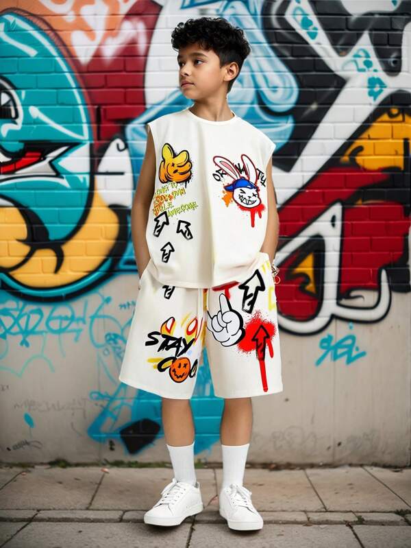 SHEIN Tween-Jungen 2-teiliges Strickset für Kinder, lässig, vielseitig, bequem, mit Graffiti-Buchstaben-Straßendruck, Rundhalsausschnitt, ärmellos, lockere Passform, Oberteil und Shorts, 2-teiliges Strickset, geeignet für Schule, Garten, Strand, Geburtstag, Frühling/Sommer