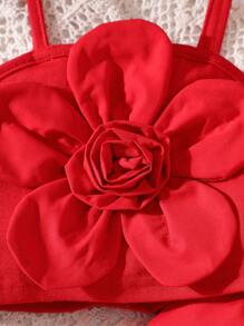 SHEIN 2 Pieces Set For Baby Girls: Floral Knit Tank Top + Yellow Woven Casual Pants, Suitable For Party & Outing