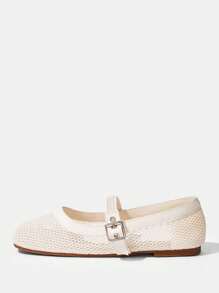 Styleloop Women's Casual Round Toe Flat Beige Woven Mesh Fabric Fashionable Simple Comfortable Breathable Buckle Strap Flat Shoes, Bohemian Style, Suitable For Vacation, Music Festival, Party - Beige - View 3