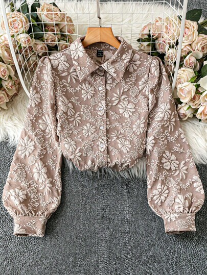 DreamSkyne Court Retro  Plus Size Women Jacquard Lapel Long Sleeve Casual Regular Shirt Fall Cloth For Women