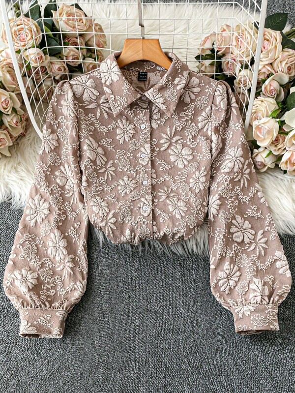 DreamSkyne Camisa casual de manga larga con cuello de solapa en tela jacquard para mujer de talla grande