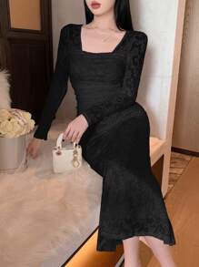 DAZY 女士优雅黑色中长连衣裙：方领、长袖、褶皱针织面料，不对称下摆，适合特殊场合、秋季连衣裙 - 黑色 - 查看 4
