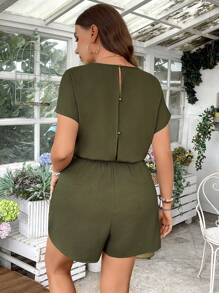 SHEIN LUNE Plus Size Women V-Neck Solid Color Casual Romper Overalls Women Summer Outfits For Women Women Clothing Vacation Romper Summer Outfits For Women - Army Green - View 2