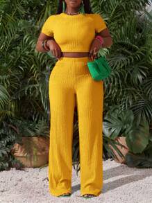 Slaydiva 新款休闲基础运动风春夏圆领短袖截短T恤+阔腿超长裤玫红色条纹纹理针织面料女两件套-I，夏季套装 - 黃色 - 查看 4