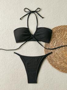 SHEIN Swim 女式简约休闲性感纯色纹理面料吊带上衣和高腰比基尼两件套 - 黑色 - 查看 5