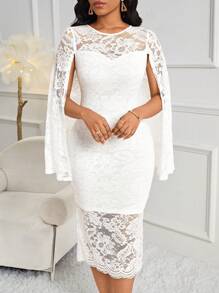 SHEIN Lady White Lace Patchwork Cape Style Bodycon Dress For Women, Suitable For Work And Parties Teacher Dress Birthday Outfit Homecoming Dresses Women Vintage Clothes