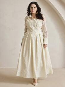 Anewsta Đầm dài tay cổ bẻ họa tiết hoa thanh lịch cỡ lớn cho kỳ nghỉ - Màu be - Xem 6