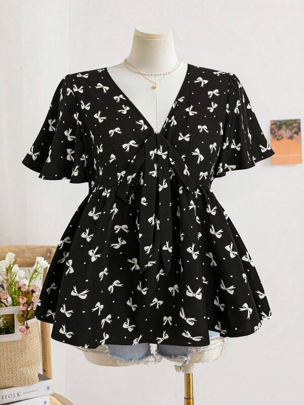 Ceyna Blouse plumetis à nœud papillon mignonne pour femmes grande taille