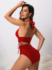 Swim Lushoire Versatile Adjustable Drawstring Bikini Set With High-Waisted Bottoms For Women For Summer Beach Vacation - Red - View 2