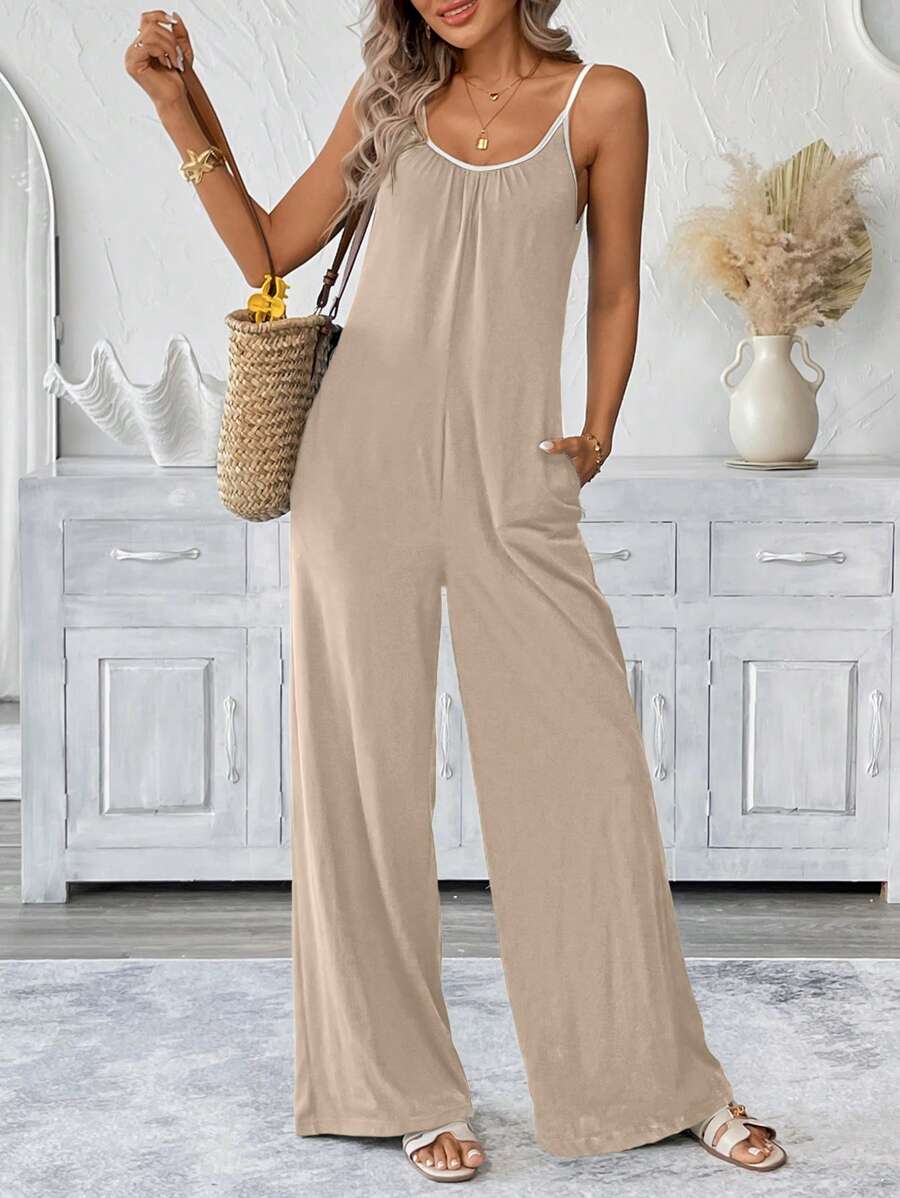 SHEIN LUNE Casual Contrast Color Strap Women's Jumpsuit With Pockets - Khaki - View 1