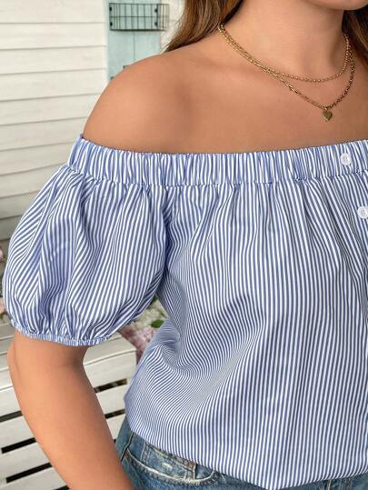 SHEIN LUNE Blusa de manga farol casual con botones decorativos a rayas azules y blancas para mujeres de talla grande, para conciertos de música country, graduación, verano, brunch, Día de la Madre, iglesia, hombros descubiertos