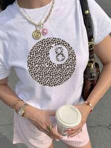 INAWLY Casual luipaardprint, kleurrijk cijferpatroon, ronde hals, korte mouwen, T-shirt voor dames