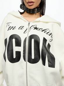 SUMWON WOMEN 超大时尚偶像连帽衫冬季拉链街头风运动衫，带有图形文字印花休闲都市风格舒适家居服 - 白色 - 查看 6