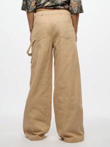 SUMWON WOMEN Carpenter Wide Leg Utility Trousers With Multiple Pockets Workwear Style Straight Cut High Waisted Fashion Statement Fall Winter Pants - Beige - View 2