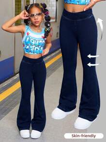 SHEIN 少女时尚休闲蓝色牛仔日常运动基础款弹力修身喇叭牛仔裤，柔软舒适，适合日常穿着，四季皆宜。