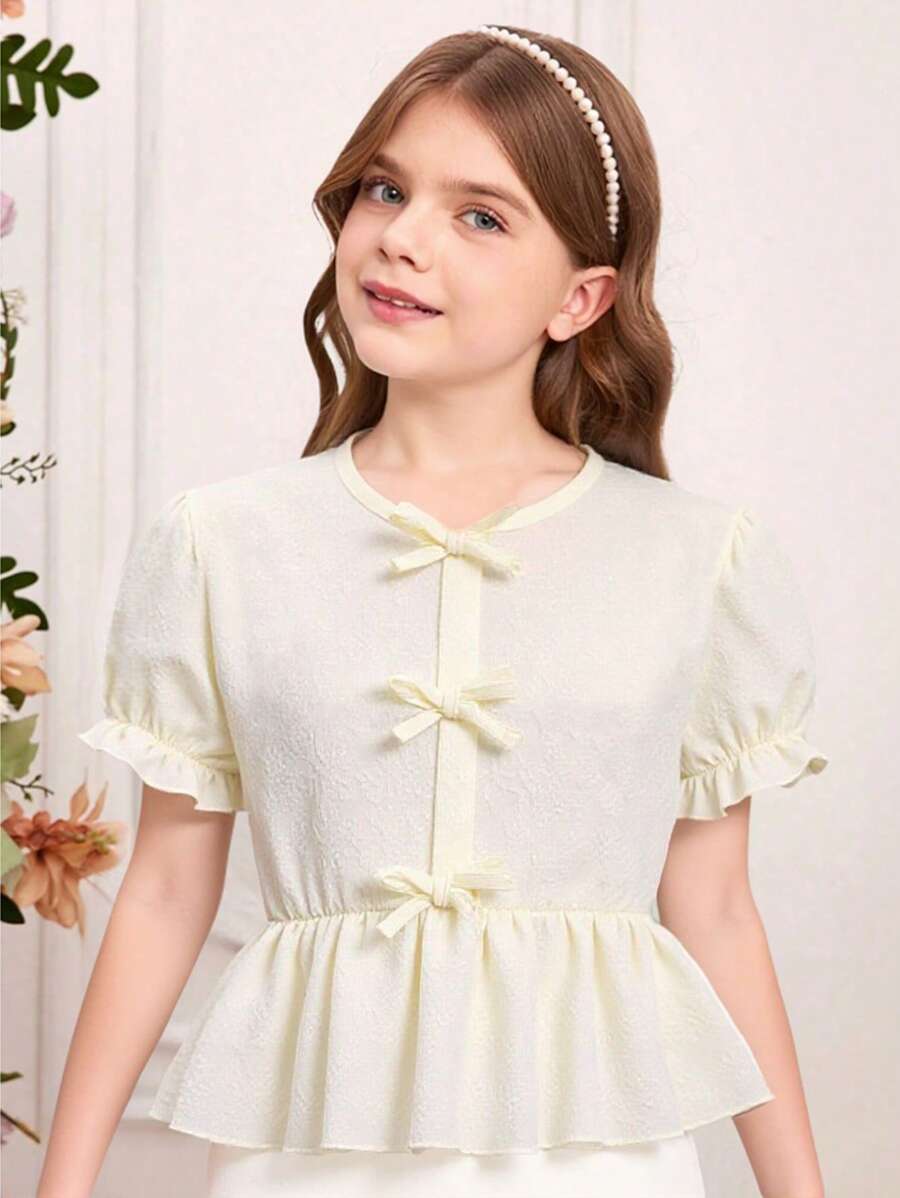 SHEIN Tween 女童优雅提花短袖蝴蝶结荷叶边下摆衬衫,适合春夏季 - 杏色 - 查看 1