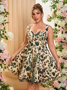 Lovelzi Plus Size Elegant Sequin Floral Asymmetric Hem Cocktail Dress, Mini Party Dress, Wedding Guest Dress, Prom Dress