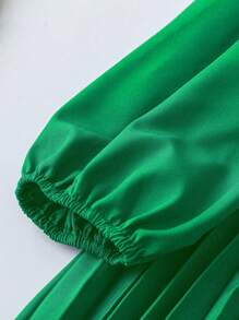 SHEIN Clasi Plus Size Women's Pleated Lantern Sleeve A-Line Dress - Green - View 3