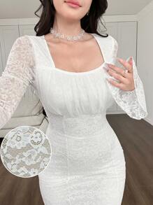 Modelyn 女士蕾丝拼布喇叭袖紧身美人鱼晚礼服，优雅性感