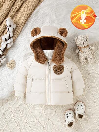2pcs Baby Boy Hooded Teddy Fleece Padded Coat Autumn Winter 2024 New Comfortable Warm Cute Simple