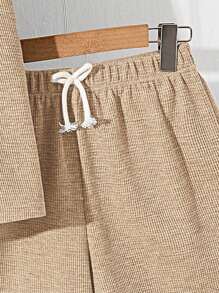 SHEIN 2 件套青少年男孩宽松纯色翻领短袖 Polo 衫和短裤套装，通勤、上学、日常、运动休闲装，适合春夏季