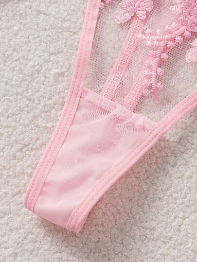 5pcs/Set Women's Sexy Lingerie With Floral Embroidery, Mesh And Bow Decor Bowknot For Going Out view 5