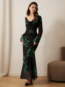 Aveloria 法式浪漫秋季复古垂领弹力轮廓印花网眼长裙，随机花卉印花长袖连衣裙情人节春夏女士连衣裙女士优雅 - 綠色 - 查看 6