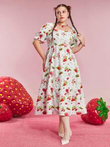 Strawberry Shortcake X SHEIN Plus Size Floral Dot Strawberry Print Ruffled Square Neck Short Sleeve Sundress, Cute Y2K Style For Summer, Spring, Vacation, Rave, Festival, Retro, Lolita - White - View 6