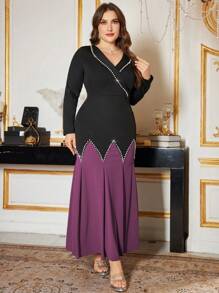Modelyn Plus Size Elegant V-Neck Romantic Pearl Splice Fish Tail Evening Dress - Red Violet - View 5