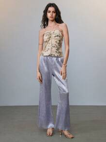 SHEIN LUNE Conjunto de camisola com alças finas e calças largas em folha de ouro - Damasco - Ver 1