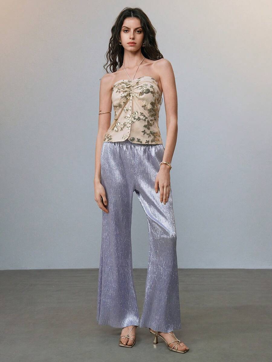 SHEIN LUNE Conjunto de camisola com alças finas e calças largas em folha de ouro - Damasco - Ver 1