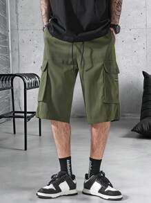 Manfinity Homme Pantalones cortos sueltos y casuales con bolsillo y nudo delantero simples para hombre, de uso diario - Verde militar - Ver 4