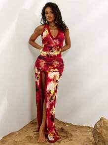 Opulessa Knit Mesh Print Slit Halter Backless Dress For Women - Red - View 1