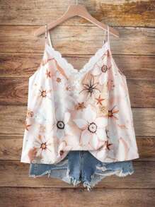 SHEIN VCAY Ropa de mujer de talla grande con estampado floral y encaje en contraste en top tipo camiseta de verano, ropa de verano europea y occidental, ropa de verano bonita, ropa de playa, ropa bohemia, ropa de vacaciones, ropa de resort, ropa hippie para mujer, atuendo de Pascua, atuendo de rave, atuendo de concierto country, atuendo de Nashville, atuendo de Coachella, atuendo de Ibiza, camisetas gráficas, atuendos de verano con flores