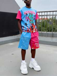 Manfinity EMRG Men Solid Patch Round Neck Short Sleeve Print Casual Top & Shorts 2 Pieces Set