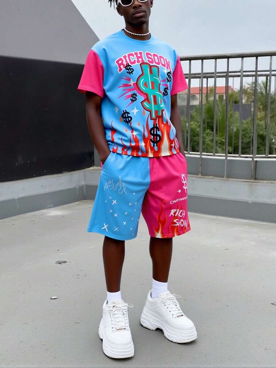 Manfinity EMRG Men Solid Patch Round Neck Short Sleeve Print Casual Top & Shorts 2 Pieces Set