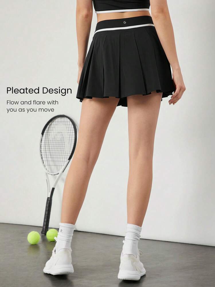 Quick-Dry Sweat-Wicking Crossover Contrast Stripe Waist Skirt With Built-In Shorts Side Pockets Non-Slip Grips Low Impact Daily Casual Wear