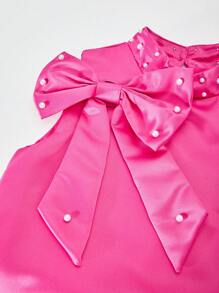 SHEIN Explorewe Tween Girls' Elegant Beaded Collar Asymmetric Bow Flare Hem Sleeveless Dress, Suitable For Parties, Weddings, Vacation And Events, Spring/Summer - Hot Pink - View 5