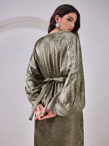 Al Najma 女士宽松蕾丝拼接 V 领蝙蝠袖阿拉伯长裙 - 黑色 - 查看 7