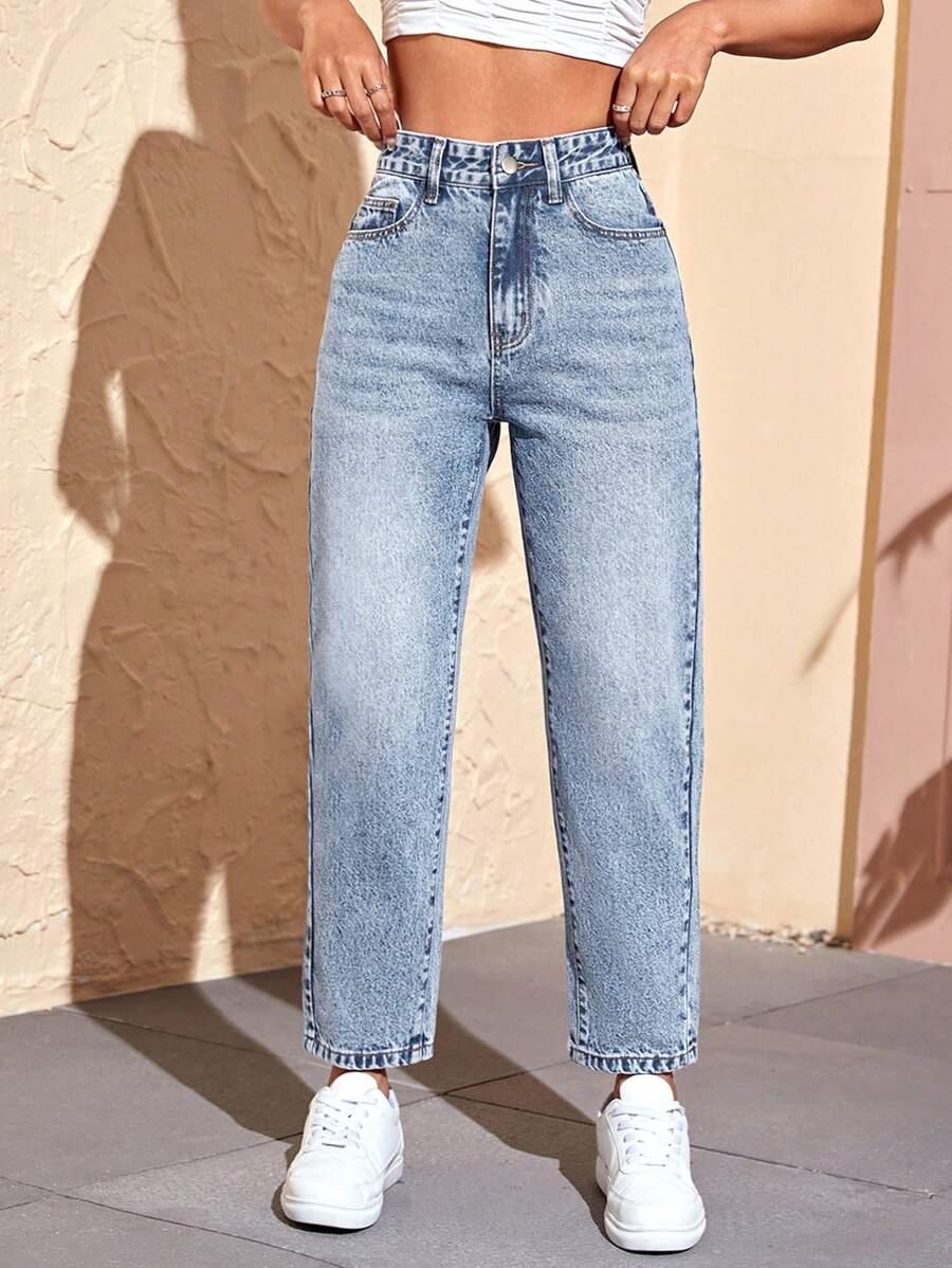 SHEIN Women's Front Button Pocket Minimalist Denim Pants, Casual Everyday Wear - Light Wash - View 1