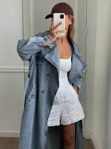 Livesso Women's Fashion Washed Double-Breasted Denim Jacket,Fall Clothes,Back To School Clothes