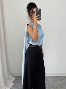 Elenzga Blusa de satén elegante y fluida con nudo, adecuada para vacaciones y uso durante el Ramadán