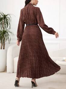 Modelyn Abito lungo con maniche lunghe e plissettato, con stampa all-over, collo a cravatta, vestito maxi da donna per occasioni serali