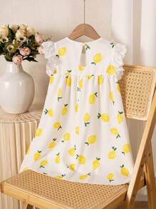 SHEIN Vintaside Kids Young Girl Lemon Print Pattern Ruffle Trim Cap Sleeve Dress - Multicolor - View 2